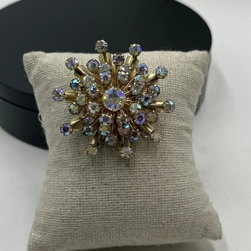 Vintage Aurora Borealis AB Rhinestone Starburst‎ Sunburst Brooch Pin